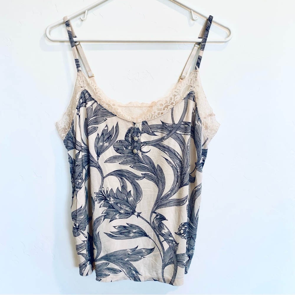 Soma Blue & Cream Floral Lace Trim Camisole M Birds Layer Boho Coquette Feminine
